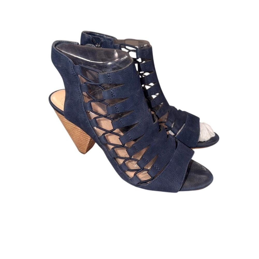 Vince Camuto Caged Heeled Sandals 8.5 Women Navy Blue Leather Stacked Heel